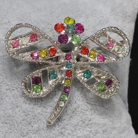 Dragonfly & Flower Brooch, Multicolored Rhinestones, Silver Tone, 1 3/4 Inches - Picture 5 of 9